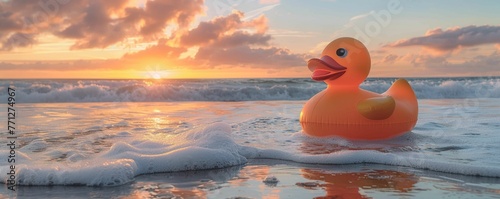 Giant rubber ducky, inflatable pool toy, beach day fun, surreal setting, photography, golden hour lighting, whimsical and dreamy ambiance photo