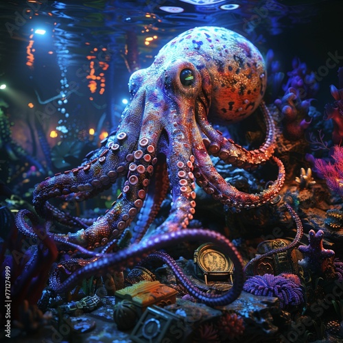 Giant squid, pirate treasure, colorful coral reefs, a thrilling adventure in the deep sea 3D render, spotlight, HDR
