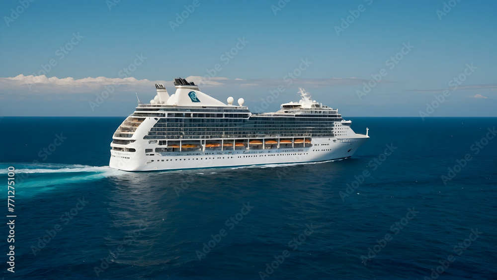 Cruise ship sailing in the middle of the blue sea with a clear sky as a background