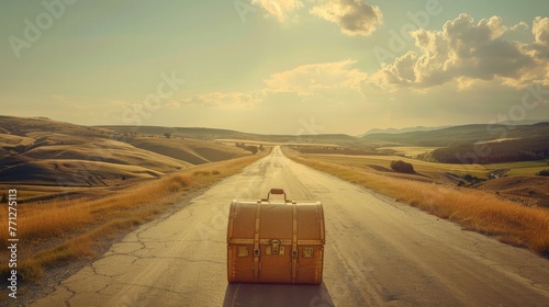 Vintage suitcase on empty road, hills around, golden hour travel theme. Travel starts with vintage suitcase, endless road ahead, clear sky above. photo