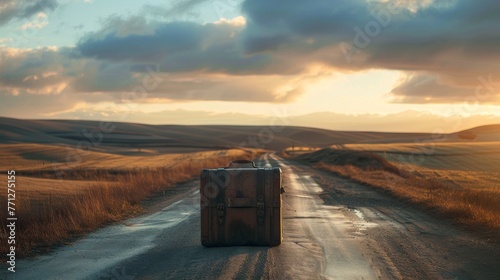 Vintage suitcase on empty road, hills around, golden hour travel theme. Travel starts with vintage suitcase, endless road ahead, clear sky above. photo