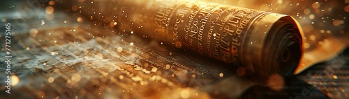 Library of Alexandria, Ancient Scrolls, Knowledge Expansion, Modern Technology Advancements, Illustration, Golden hour, Vignette photo