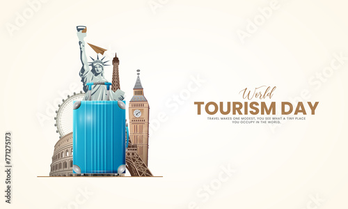 World Tourism Day. Tourism day creative design for social media banner and poster, Travel concept. 3D illustration.