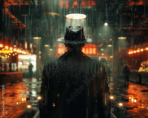 Mob Boss, tailored suit, ruthless leader, holding a secret meeting in a dimly lit underground casino, rain pouring outside, 3D render, backlights, depth of field bokeh effect