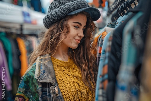 Lady browsing garments at secondhand market. photo