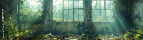 Post-apocalyptic wasteland, abandoned buildings, overgrown vegetation, remnants of society, desolation, eerie atmosphere
