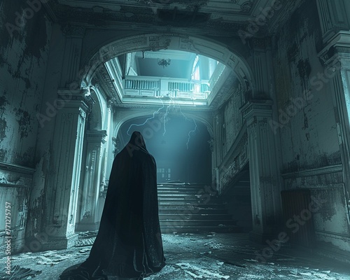 Shadowed figure, dark cloak, lurking in abandoned mansion, lightning strikes, 3D render, Backlights, Chromatic Aberration