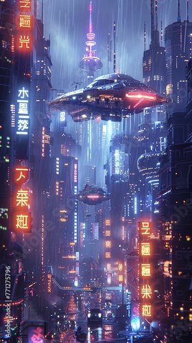 Spaceship, shiny, hovering over a futuristic city skyline, illuminated by neon lights 3D render, backlights, chromatic aberration