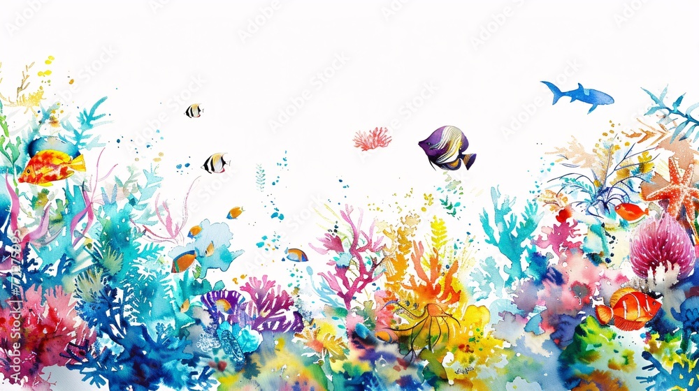 a vibrant watercolor depiction of an underwater paradise, teeming with colorful marine life, against a pure white backdrop.