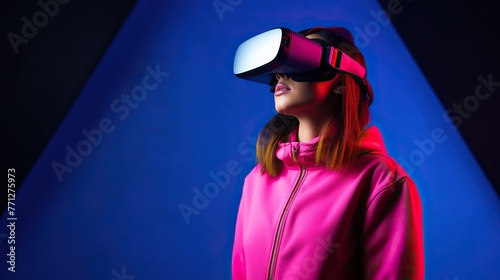 Side view of young woman wearing black virtual reality glasses against a futuristic neon light © Fajar
