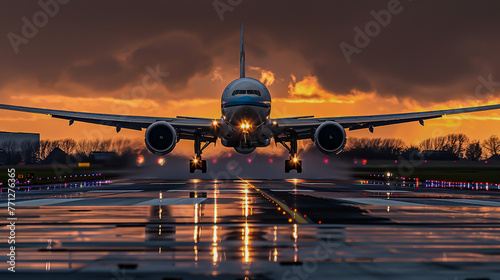 A large jetliner taking off from an airport runway at sunset or dawn with the landing gear down and the landing gear down