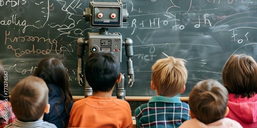 Debate sparked by robot teacher instructing students at chalkboard on AI replacing human jobs. Concept Artificial Intelligence, Job Automation, Classroom Technology, Impact on Education photo