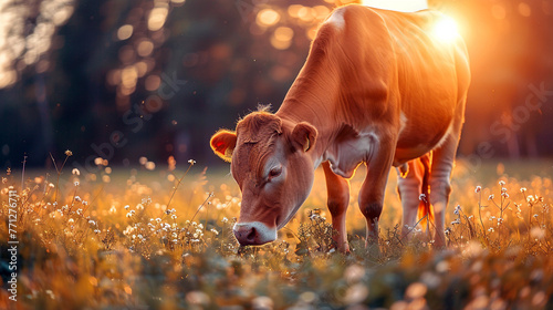 A cow eating grass in a pasture in the morning. Cow on farmland, view of farm animals in rural area. Generative AI © Wida