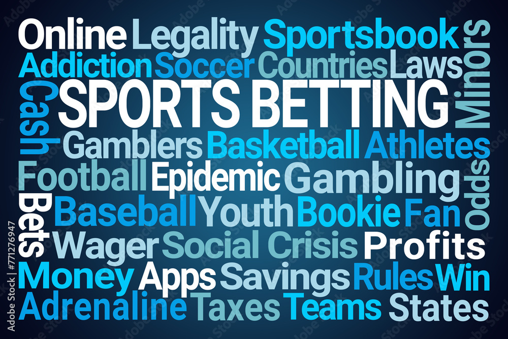 Sports Betting Word Cloud on Blue Background - obrazy, fototapety, plakaty 