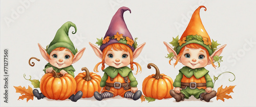  Set of Cute elf with pumpkin decoration watercolor style isolated on transparent background colorful background