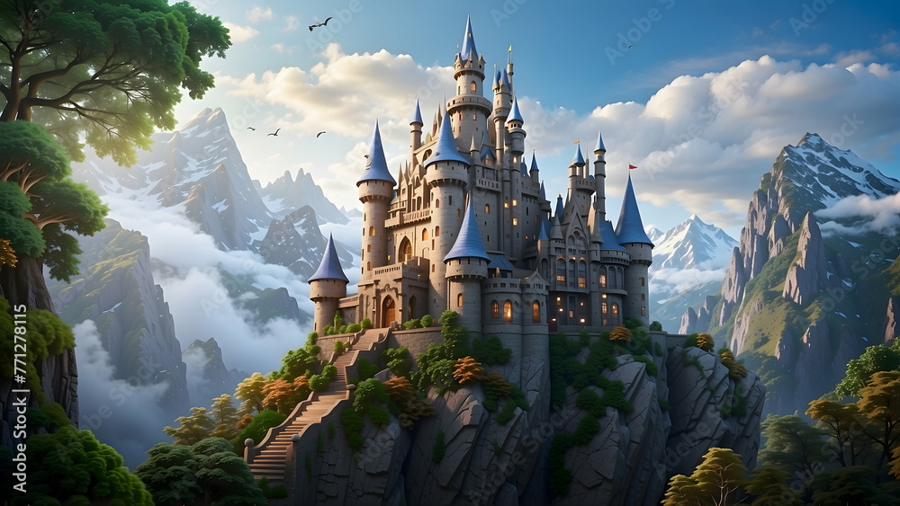Castle in the rock hill. Lush green forest. 3d render of fairy land Castle in the rock hill. Lush green forest. 3d render of fairy land