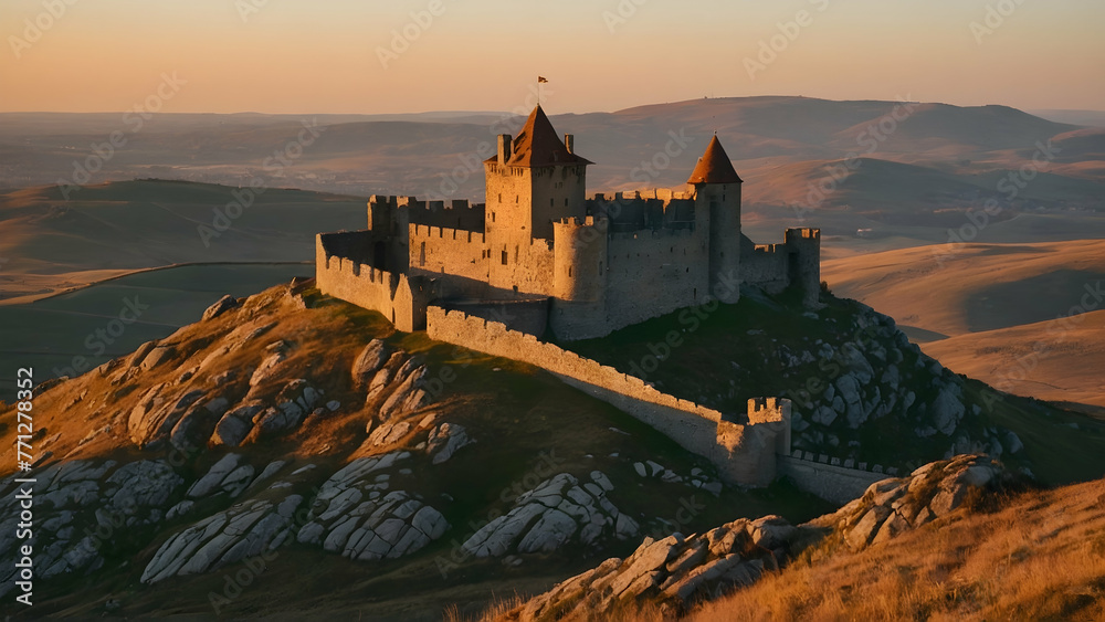 Castle in the rock hill with twilight sky. Travel destination. Ancient castle Castle in the rock hill with twilight sky. Travel destination. Ancient castle