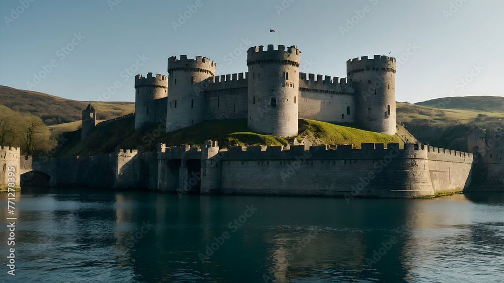 a magnificent ancient castle on the edge of crystal lake