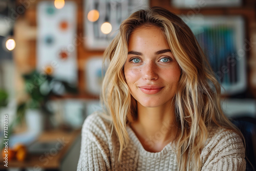 Beautiful blonde woman in cafe, blond hair, one, looking, happiness