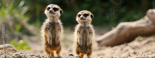 two baby meerkats standing at attention on soft groun b4cf03da-2e81-40e1-9ef9-1ab8ca5083ef 0 photo