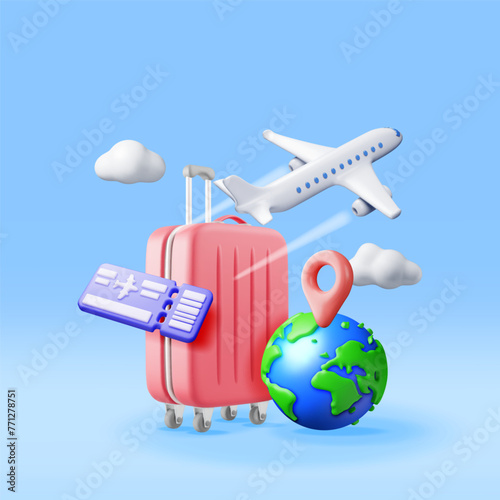 3d Airline Ticket, Travel Bag, Globe and Airplane. Render Paper Ticket with Plane Icon, Suitcase and Planet Earth. Travel Element. Holiday or Vacation. Transportation Document. Vector Illustration