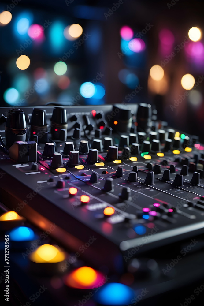Audio mixer with blurred bokeh background. Showbiz background. Background template for event promotion and entertainment Audio mixer with blurred bokeh background. Showbiz background. Background template for event promotion and entertainment