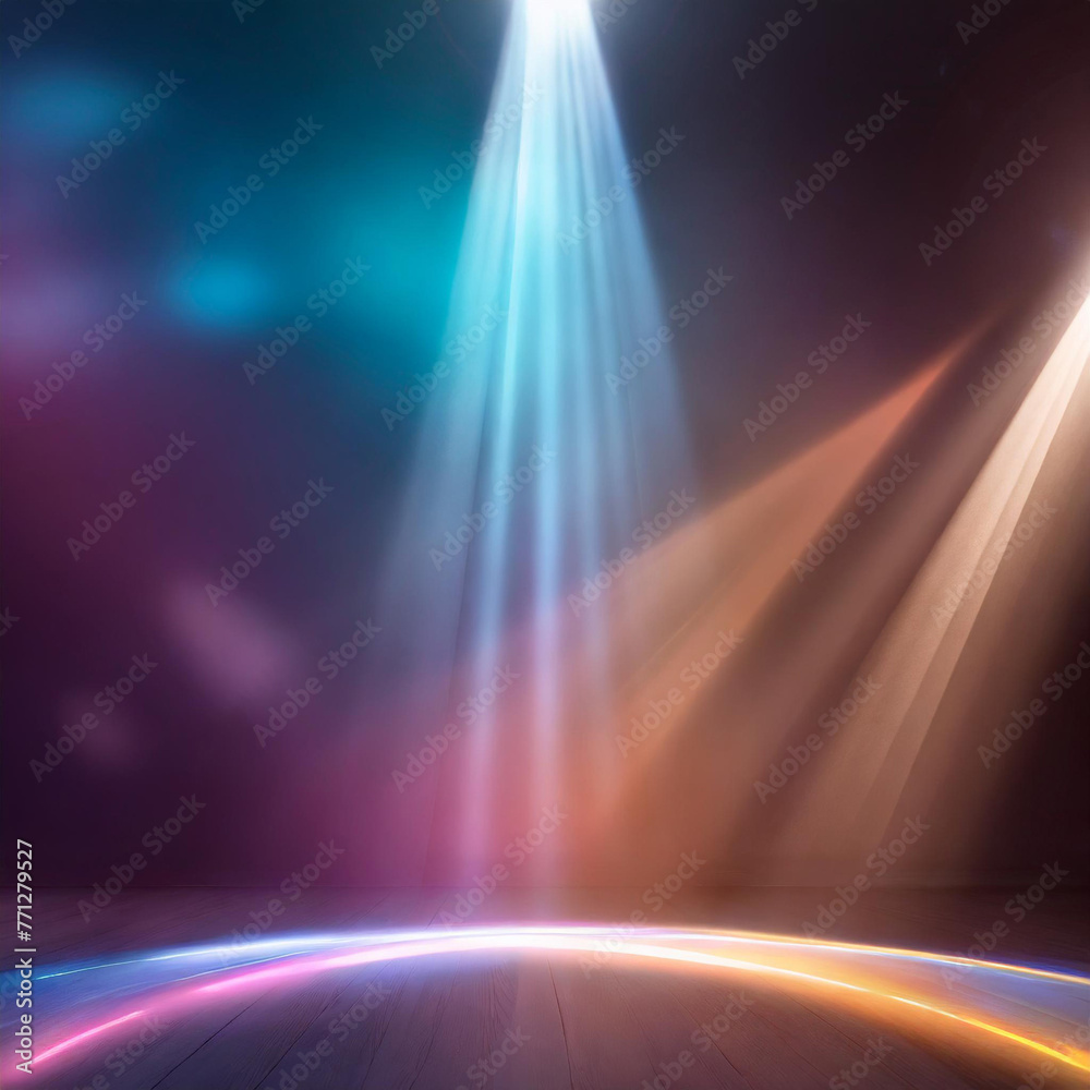 Abstract empty 3d room scene with colorful dreamy prism Light Overlay Flare caustic effect. Blank studio stage exhibition background for product, romantic showcase package mock up design