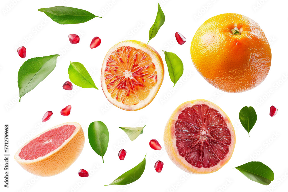 Oranges with half slices falling or floating in the air with green leaves isolated on background, Fresh organic fruit with high vitamins and minerals. Oranges with half slices falling or floating in the air with green leaves isolated on background, Fresh organic fruit with high vitamins and minerals.