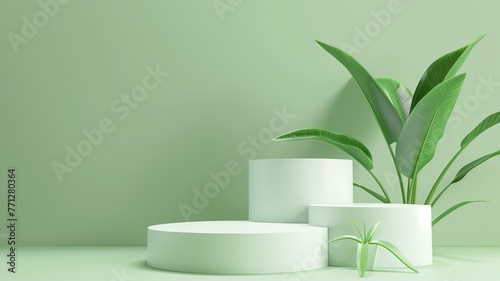 Indoor Tropical Flora with Lush Green Palm Leaves. green 3d podium background
