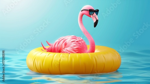 Realistic pink flamingo in inflatable beach circle on blue Water and flat blue background with copy space. Creative concept of summertime. Generative AI 3d render illustration imitation