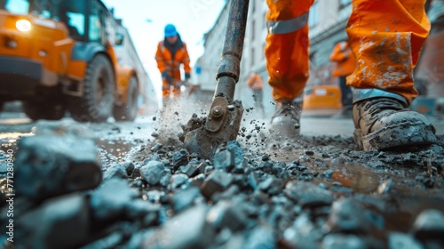 Illustrate workers using jackhammers to break through concrete during the demolition phase of a construction project