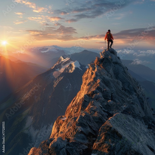 A lone climber stands triumphant on a snowy mountain peak, gazing at a breathtaking winter sunrise over a vast landscape of alps