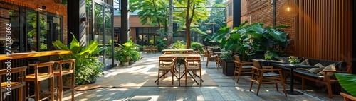 Outdoor cafe spaces for video calls, natural backdrop, fresh air brainstorming, sunny afternoons , photographic style