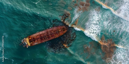 Tanker ship stranded on coastline posing environmental and economic challenges requiring Coast Guard response and salvage operation. Concept Maritime Accidents, Environmental Impact photo