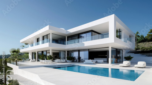 A wide shot a modern white villa with a pool, set against a backdrop of clear blue skies