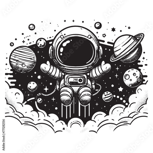 ector Astronaut floating in space black and white cartoon lines cute