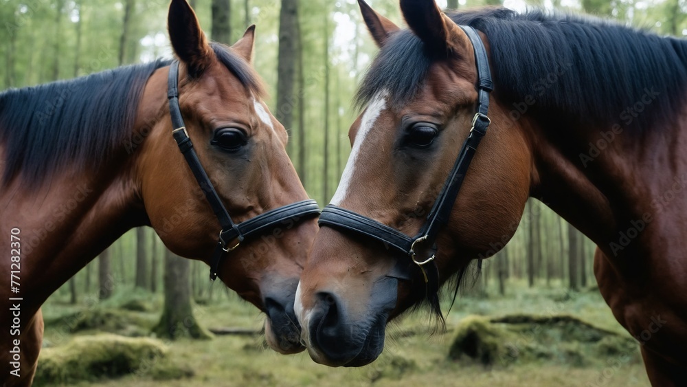 Two horses on pasture. horse portrait bridle
