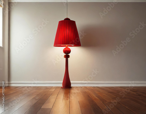 Interior design with red lamp in an empty room with wooden parquet floor. photo