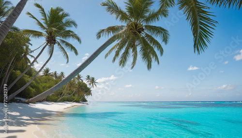 Tropical beach with white sand  palm trees and crystal clear turquoise waters colorful background