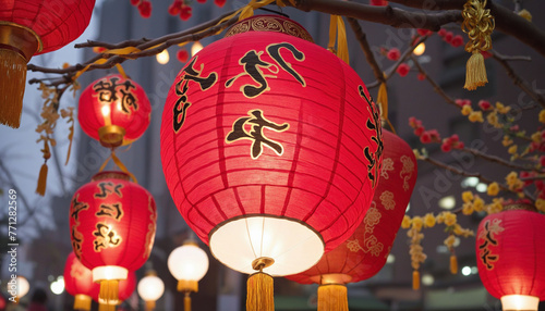 Red Chinese lanterns colorful background