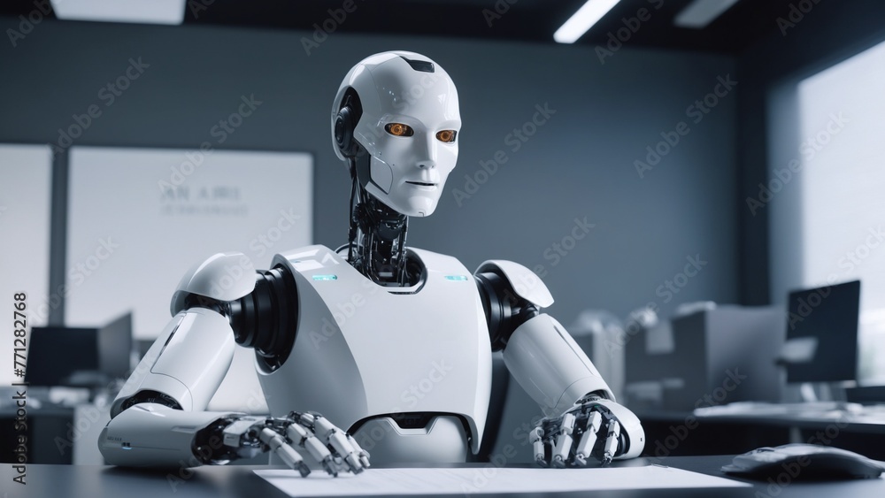 3d rendering humanoid robot thinking on office background