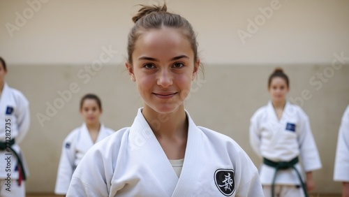 Smiling young girl in kimono standing photo