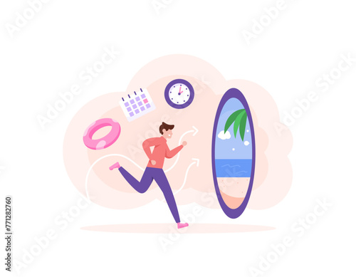 time to go on holiday. take time off for recreation or sightseeing and relax. workers or employees go on holiday. a man ran towards the beach. illustration concept design. graphic elements. flat style