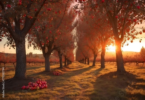 Twilight in an apple orchard, the setting sun casting a warm glow on trees laden with red apples, shadows lengthening on the ground, generative AI photo