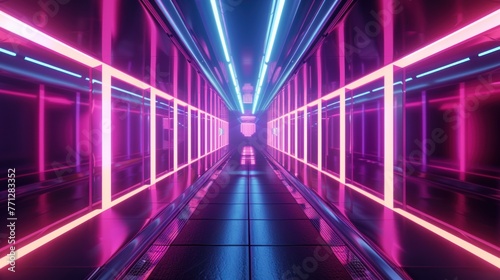 abstract futuristic geometric background  neon glowing lines inside a long tunnel  speed of light