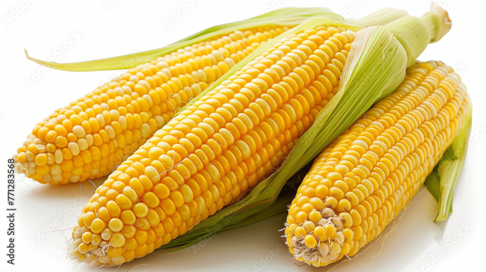 Single ear of corn isolated on white background, Corn cobs with corn plantation field background. The peeled ear of corn, a piece of and seeds on a white, isolated. The view from the top. Falling corn Single ear of corn isolated on white background, Corn cobs with corn plantation field background. The peeled ear of corn, a piece of and seeds on a white, isolated. The view from the top. Falling corn