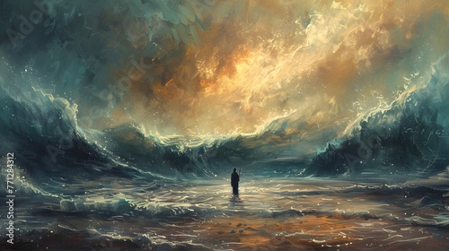 Lone Figure Standing Before Vast Ocean With Dramatic Sky