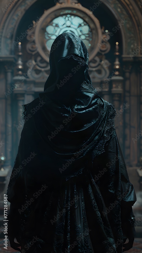 Mysterious Figure in Dark Cloak Inside Cathedral Mysterious Figure in Dark Cloak Inside Cathedral