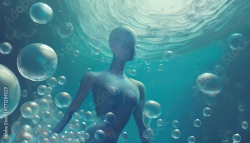 Surreal Underwater Scene with Abstract Humanoid Figure and Bubbles