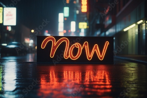 Slogan now neon light sign text effect on a rainy night street, horizontal composition photo